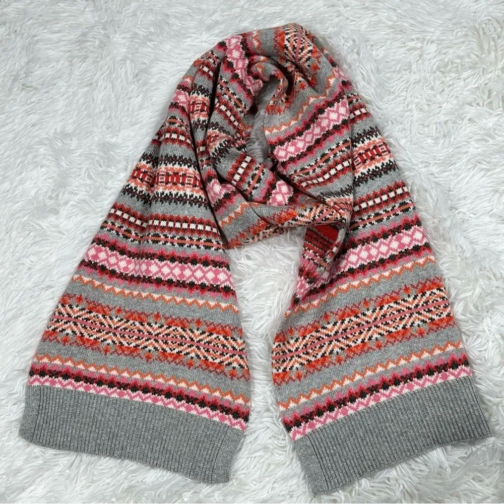 Talbots Modern Fair Isle Scarf Pink Gray MultiColor Knit Winter Warm Soft Cozy